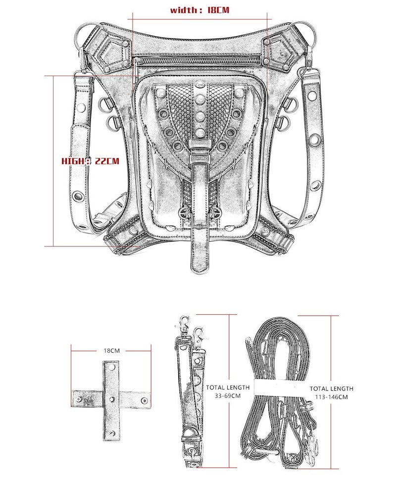 Chikencall Gothic Steampunk Waist Bag Drop Leg Arm Bag Pack Waist Shoulder Fanny Pack Purse Pouch (Black-B) - Image 5